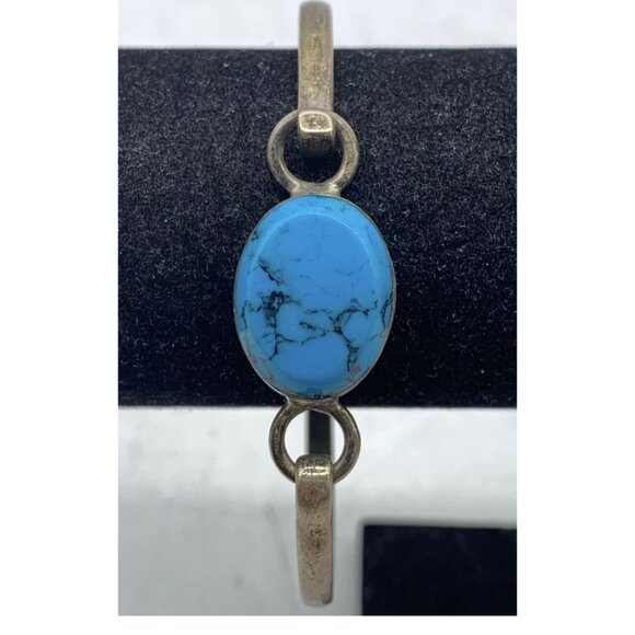 VTG Taxco Mexico Signed 950 SS Britannia Turquoise Bangle Bracelet Sz 7  23.7g - Picture 8 of 10